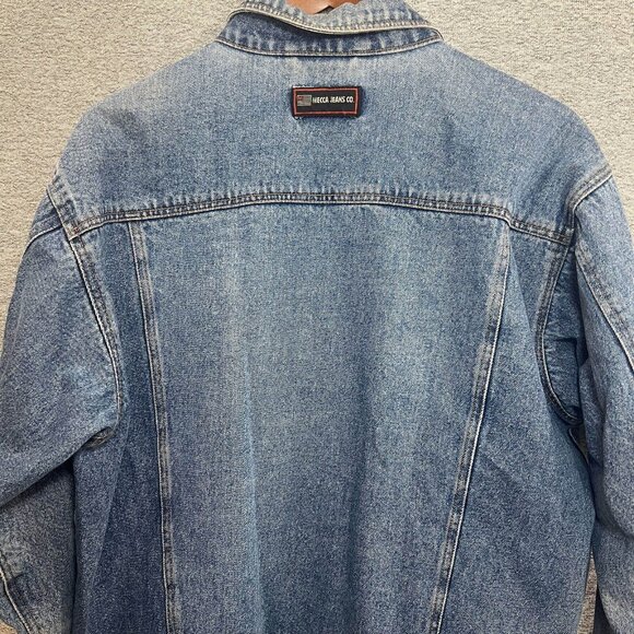 Mecca Jeans Co Denim Jacket Womens Medium Blue Button Up Distressed Faded - Picture 12 of 14